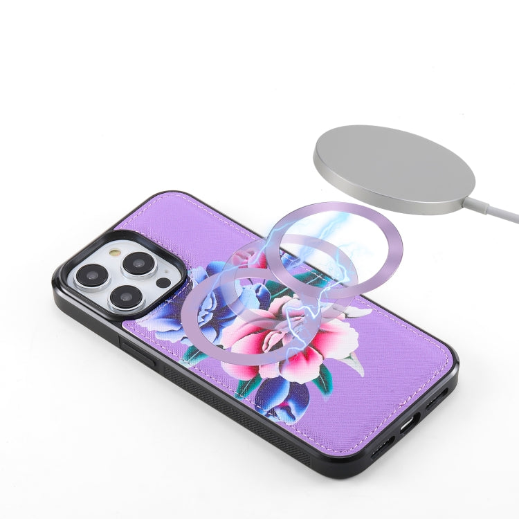 For iPhone 14 Pro Max Flower Multi-functional Crossbody Zipper Wallet MagSafe Leather Phone Case(Purple) - iPhone 14 Pro Max Cases by buy2fix | Online Shopping UK | buy2fix