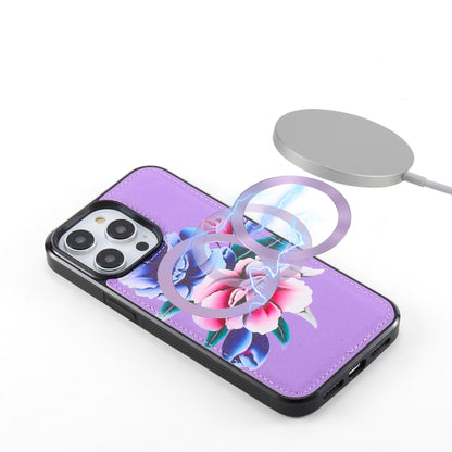For iPhone 14 Pro Max Flower Multi-functional Crossbody Zipper Wallet MagSafe Leather Phone Case(Purple) - iPhone 14 Pro Max Cases by buy2fix | Online Shopping UK | buy2fix