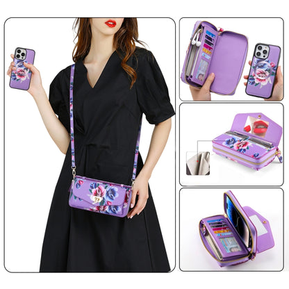 For iPhone 14 Pro Max Flower Multi-functional Crossbody Zipper Wallet MagSafe Leather Phone Case(Purple) - iPhone 14 Pro Max Cases by buy2fix | Online Shopping UK | buy2fix