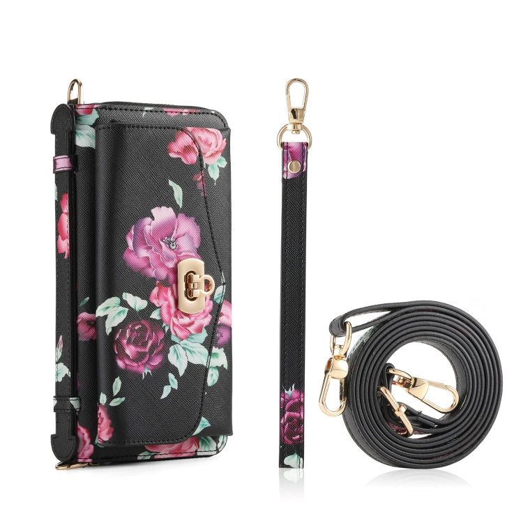 For iPhone 14 Plus Flower Multi-functional Crossbody Zipper Wallet MagSafe Leather Phone Case(Black) - iPhone 14 Plus Cases by buy2fix | Online Shopping UK | buy2fix