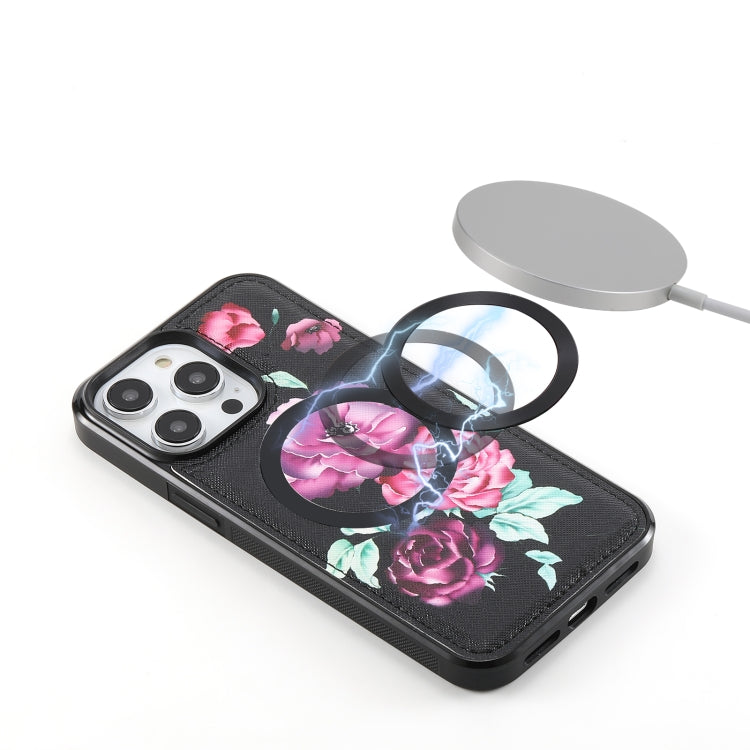 For iPhone 14 Plus Flower Multi-functional Crossbody Zipper Wallet MagSafe Leather Phone Case(Black) - iPhone 14 Plus Cases by buy2fix | Online Shopping UK | buy2fix