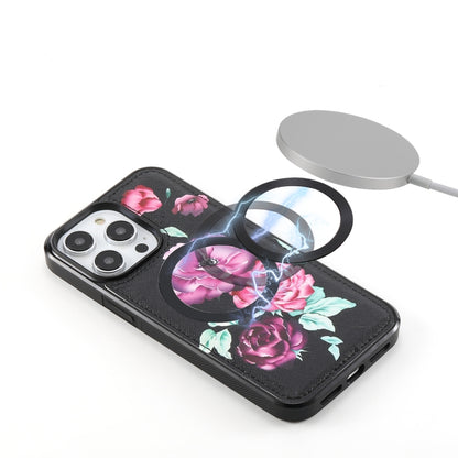 For iPhone 14 Plus Flower Multi-functional Crossbody Zipper Wallet MagSafe Leather Phone Case(Black) - iPhone 14 Plus Cases by buy2fix | Online Shopping UK | buy2fix