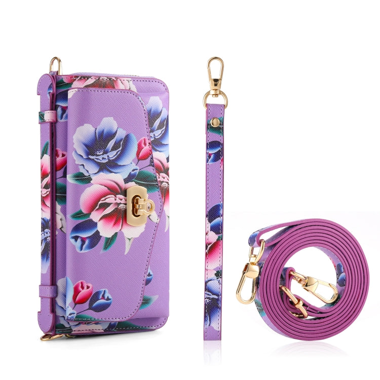 For iPhone 14 Plus Flower Multi-functional Crossbody Zipper Wallet MagSafe Leather Phone Case(Purple) - iPhone 14 Plus Cases by buy2fix | Online Shopping UK | buy2fix