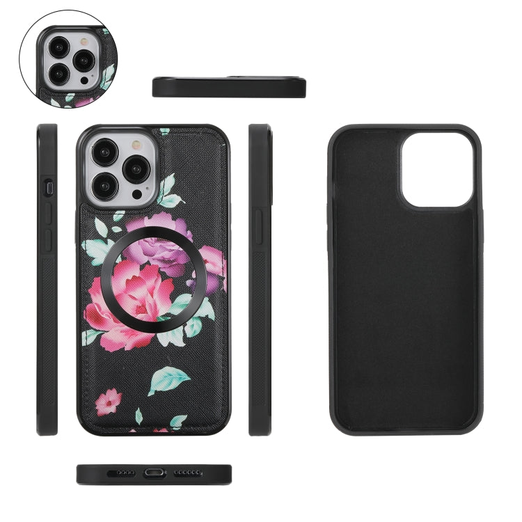 For iPhone 13 Flower Multi-functional Crossbody Zipper Wallet MagSafe Leather Phone Case(Black) - iPhone 13 Cases by buy2fix | Online Shopping UK | buy2fix