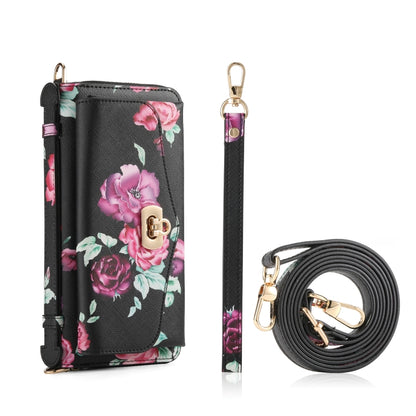 For iPhone 13 Flower Multi-functional Crossbody Zipper Wallet MagSafe Leather Phone Case(Black) - iPhone 13 Cases by buy2fix | Online Shopping UK | buy2fix