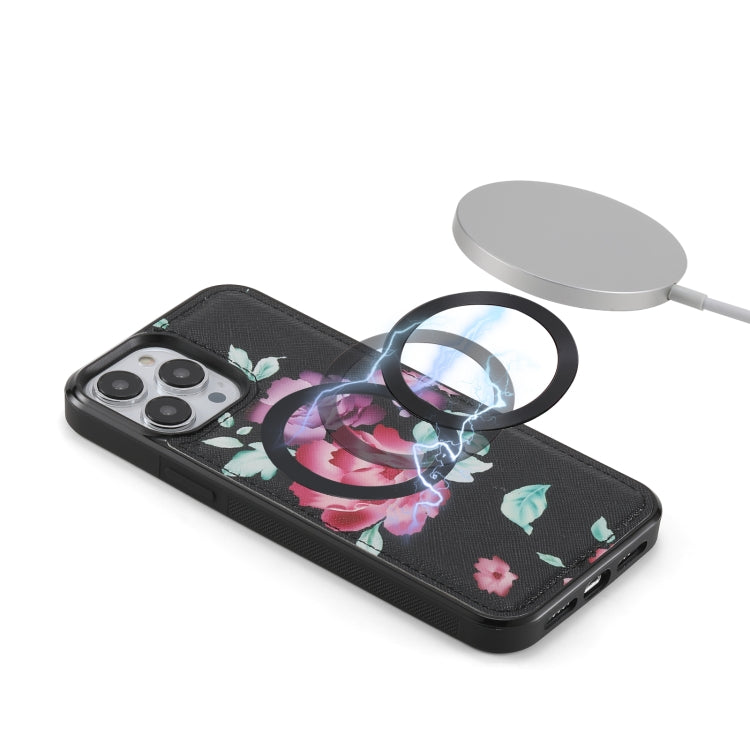 For iPhone 13 Flower Multi-functional Crossbody Zipper Wallet MagSafe Leather Phone Case(Black) - iPhone 13 Cases by buy2fix | Online Shopping UK | buy2fix