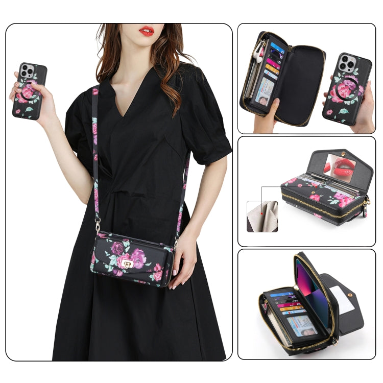 For iPhone 13 Flower Multi-functional Crossbody Zipper Wallet MagSafe Leather Phone Case(Black) - iPhone 13 Cases by buy2fix | Online Shopping UK | buy2fix
