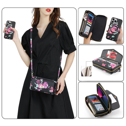 For iPhone 13 Flower Multi-functional Crossbody Zipper Wallet MagSafe Leather Phone Case(Black) - iPhone 13 Cases by buy2fix | Online Shopping UK | buy2fix