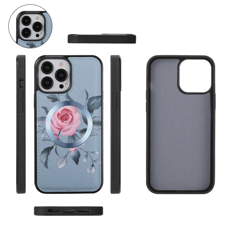 For iPhone 13 Flower Multi-functional Crossbody Zipper Wallet MagSafe Leather Phone Case(Blue) - iPhone 13 Cases by buy2fix | Online Shopping UK | buy2fix
