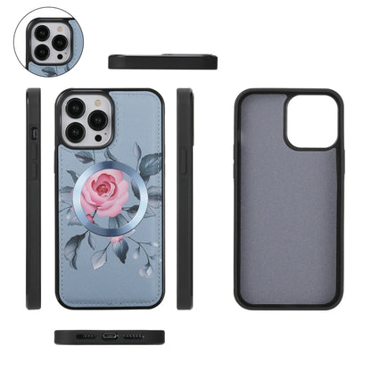 For iPhone 13 Flower Multi-functional Crossbody Zipper Wallet MagSafe Leather Phone Case(Blue) - iPhone 13 Cases by buy2fix | Online Shopping UK | buy2fix