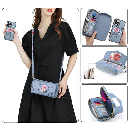 For iPhone 13 Flower Multi-functional Crossbody Zipper Wallet MagSafe Leather Phone Case(Blue) - iPhone 13 Cases by buy2fix | Online Shopping UK | buy2fix