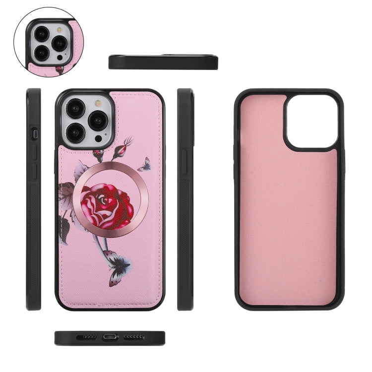For iPhone 13 Pro Flower Multi-functional Crossbody Zipper Wallet MagSafe Leather Phone Case(Pink) - iPhone 13 Pro Cases by buy2fix | Online Shopping UK | buy2fix