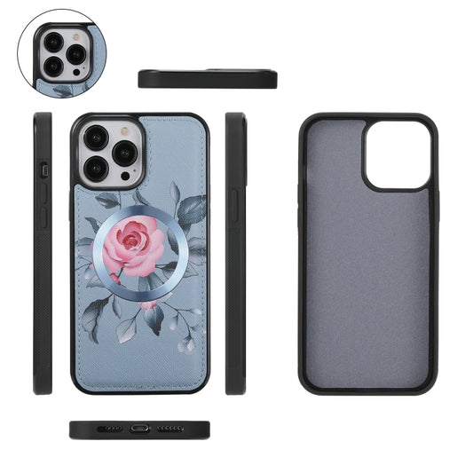 For iPhone 13 Pro Flower Multi-functional Crossbody Zipper Wallet MagSafe Leather Phone Case(Blue) - iPhone 13 Pro Cases by buy2fix | Online Shopping UK | buy2fix
