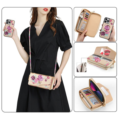 For iPhone 13 Pro Flower Multi-functional Crossbody Zipper Wallet MagSafe Leather Phone Case(Yellow) - iPhone 13 Pro Cases by buy2fix | Online Shopping UK | buy2fix