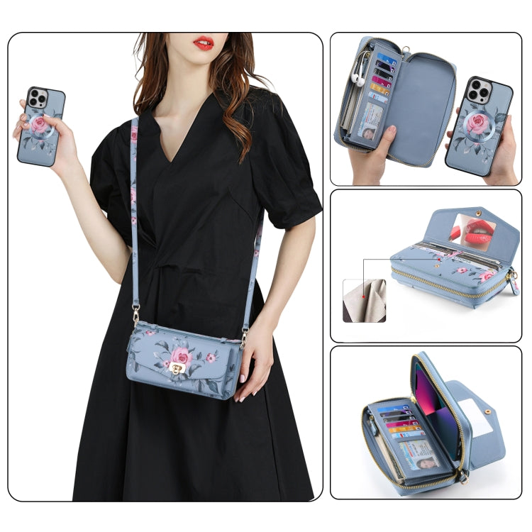 For iPhone 13 Pro Max MagSafe Flower Multi-functional Crossbody Zipper Wallet Leather Phone Case(Blue) - iPhone 13 Pro Max Cases by buy2fix | Online Shopping UK | buy2fix