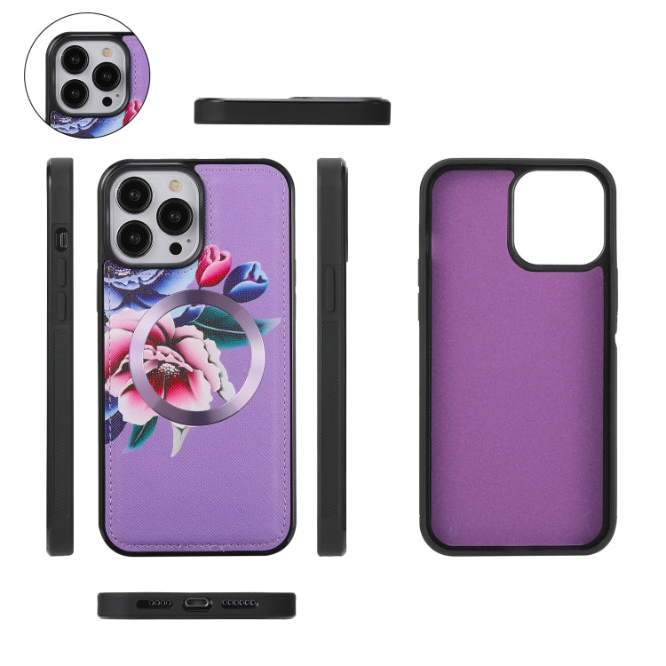 For iPhone 13 Pro Max Flower Multi-functional Crossbody Zipper Wallet MagSafe Leather Phone Case(Purple) - iPhone 13 Pro Max Cases by buy2fix | Online Shopping UK | buy2fix