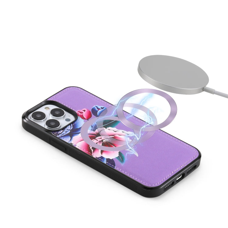 For iPhone 13 Pro Max Flower Multi-functional Crossbody Zipper Wallet MagSafe Leather Phone Case(Purple) - iPhone 13 Pro Max Cases by buy2fix | Online Shopping UK | buy2fix