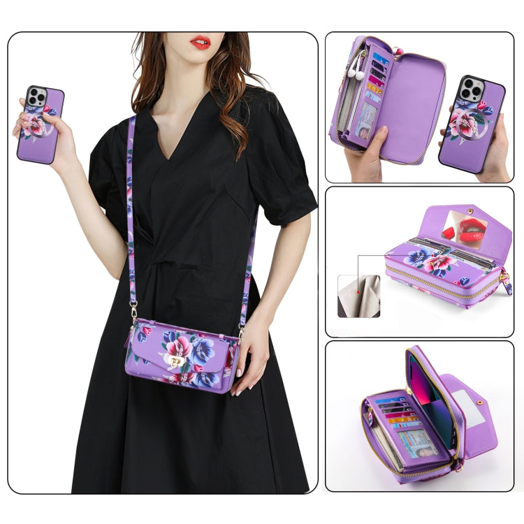 For iPhone 13 Pro Max Flower Multi-functional Crossbody Zipper Wallet MagSafe Leather Phone Case(Purple) - iPhone 13 Pro Max Cases by buy2fix | Online Shopping UK | buy2fix