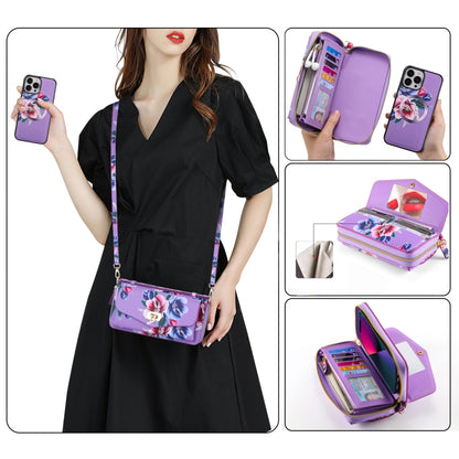 For iPhone 13 Pro Max Flower Multi-functional Crossbody Zipper Wallet MagSafe Leather Phone Case(Purple) - iPhone 13 Pro Max Cases by buy2fix | Online Shopping UK | buy2fix