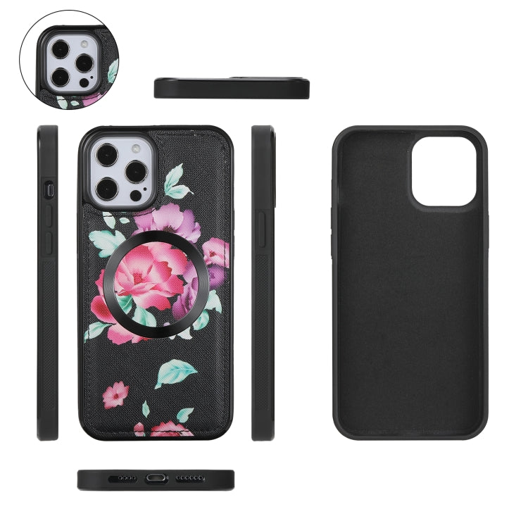 For iPhone 12 Flower Multi-functional Crossbody Zipper Wallet MagSafe Leather Phone Case(Black) - iPhone 12 / 12 Pro Cases by buy2fix | Online Shopping UK | buy2fix