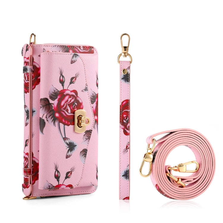 For iPhone 12 Flower Multi-functional Crossbody Zipper Wallet MagSafe Leather Phone Case(Pink) - iPhone 12 / 12 Pro Cases by buy2fix | Online Shopping UK | buy2fix