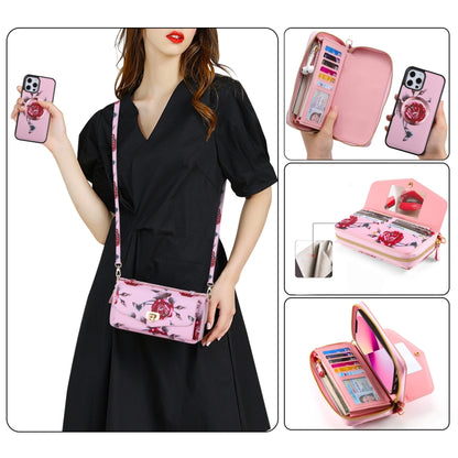 For iPhone 12 Flower Multi-functional Crossbody Zipper Wallet MagSafe Leather Phone Case(Pink) - iPhone 12 / 12 Pro Cases by buy2fix | Online Shopping UK | buy2fix