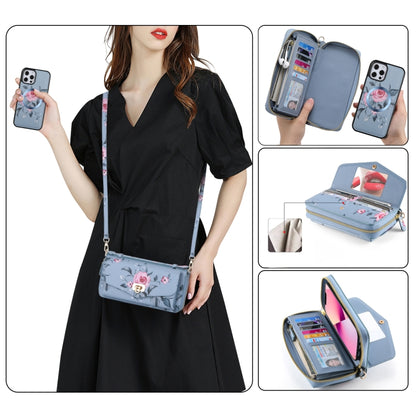 For iPhone 12 Flower Multi-functional Crossbody Zipper Wallet MagSafe Leather Phone Case(Blue) - iPhone 12 / 12 Pro Cases by buy2fix | Online Shopping UK | buy2fix