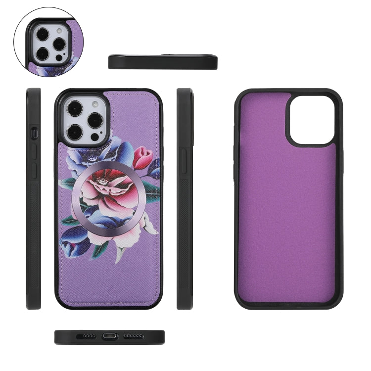 For iPhone 12 Flower Multi-functional Crossbody Zipper Wallet MagSafe Leather Phone Case(Purple) - iPhone 12 / 12 Pro Cases by buy2fix | Online Shopping UK | buy2fix