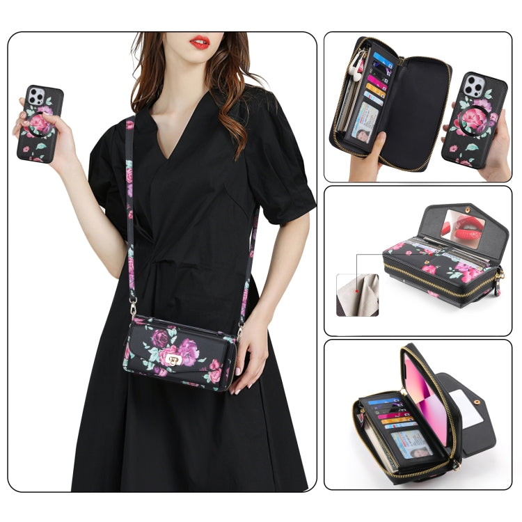 For iPhone 12 Pro Max Flower Multi-functional Crossbody Zipper Wallet MagSafe Leather Phone Case(Black) - iPhone 12 Pro Max Cases by buy2fix | Online Shopping UK | buy2fix