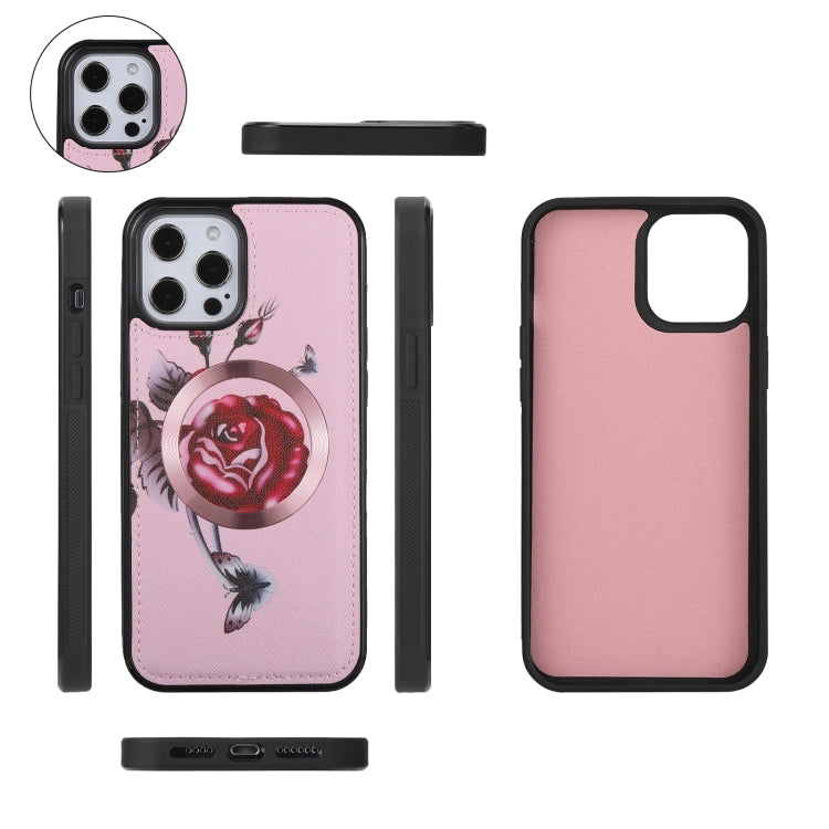 For iPhone 12 Pro Max Flower Multi-functional Crossbody Zipper Wallet MagSafe Leather Phone Case(Pink) - iPhone 12 Pro Max Cases by buy2fix | Online Shopping UK | buy2fix
