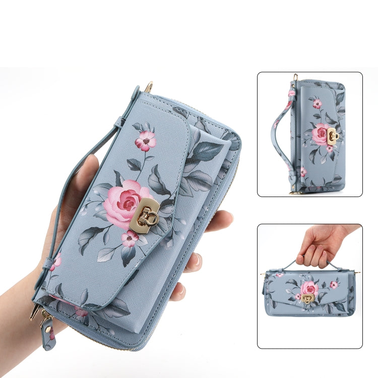For iPhone 12 Pro Max Flower Multi-functional Crossbody Zipper Wallet MagSafe Leather Phone Case(Blue) - iPhone 12 Pro Max Cases by buy2fix | Online Shopping UK | buy2fix