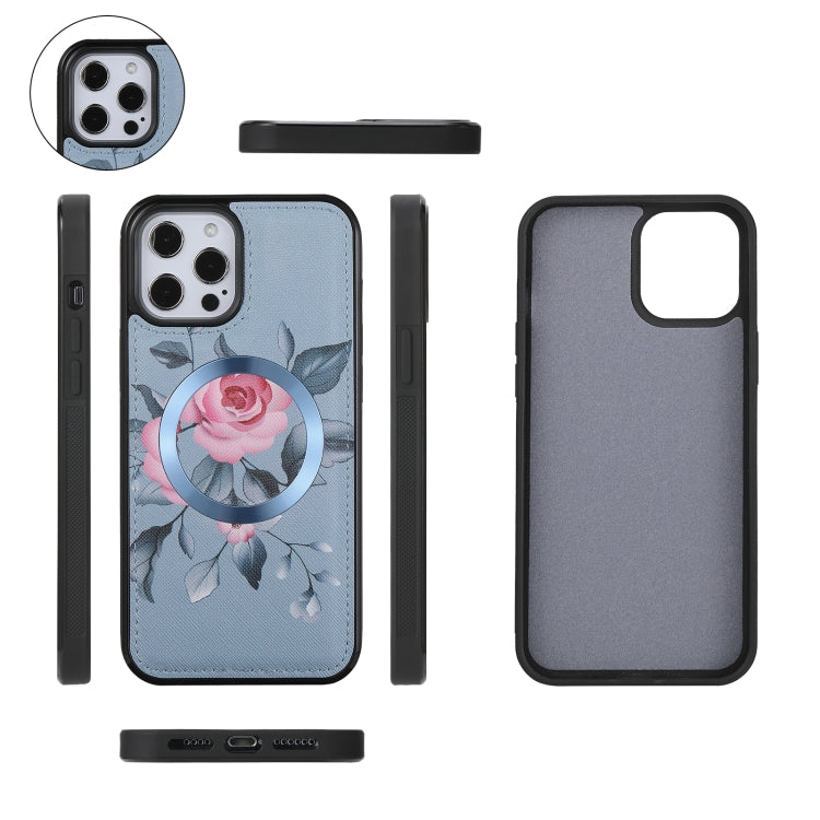For iPhone 12 Pro Max Flower Multi-functional Crossbody Zipper Wallet MagSafe Leather Phone Case(Blue) - iPhone 12 Pro Max Cases by buy2fix | Online Shopping UK | buy2fix