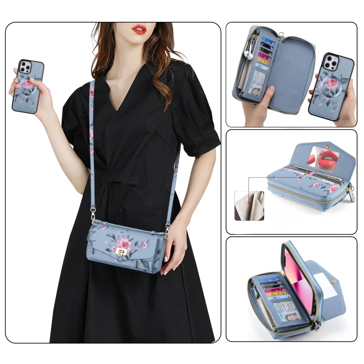For iPhone 12 Pro Max Flower Multi-functional Crossbody Zipper Wallet MagSafe Leather Phone Case(Blue) - iPhone 12 Pro Max Cases by buy2fix | Online Shopping UK | buy2fix