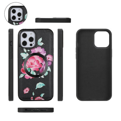 For iPhone 12 Pro Flower Multi-functional Crossbody Zipper Wallet MagSafe Leather Phone Case(Black) - iPhone 12 / 12 Pro Cases by buy2fix | Online Shopping UK | buy2fix