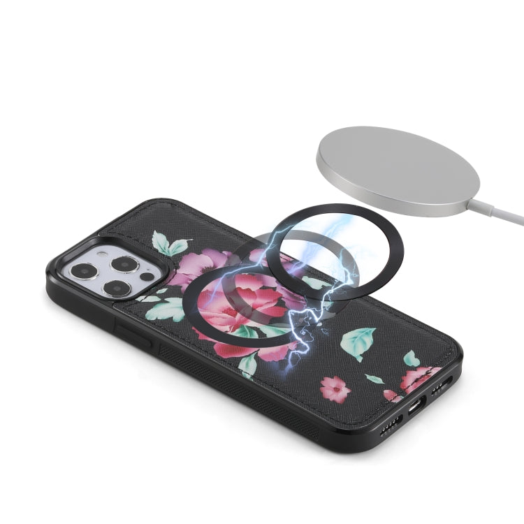 For iPhone 12 Pro Flower Multi-functional Crossbody Zipper Wallet MagSafe Leather Phone Case(Black) - iPhone 12 / 12 Pro Cases by buy2fix | Online Shopping UK | buy2fix