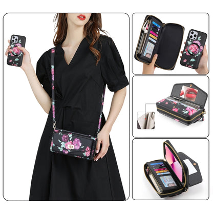 For iPhone 12 Pro Flower Multi-functional Crossbody Zipper Wallet MagSafe Leather Phone Case(Black) - iPhone 12 / 12 Pro Cases by buy2fix | Online Shopping UK | buy2fix