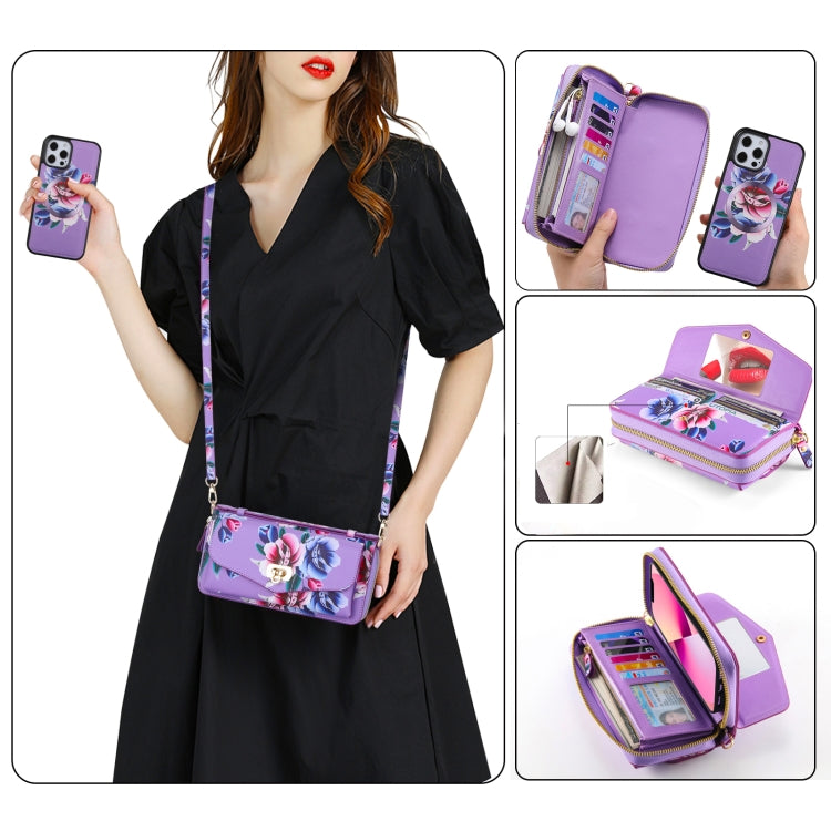 For iPhone 12 Pro Flower Multi-functional Crossbody Zipper Wallet MagSafe Leather Phone Case(Purple) - iPhone 12 / 12 Pro Cases by buy2fix | Online Shopping UK | buy2fix