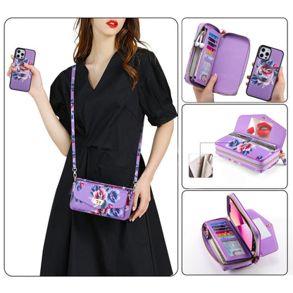 For iPhone 12 Pro Flower Multi-functional Crossbody Zipper Wallet MagSafe Leather Phone Case(Purple) - iPhone 12 / 12 Pro Cases by buy2fix | Online Shopping UK | buy2fix