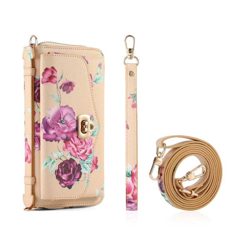 For iPhone 12 Pro Flower Multi-functional Crossbody Zipper Wallet MagSafe Leather Phone Case(Yellow) - iPhone 12 / 12 Pro Cases by buy2fix | Online Shopping UK | buy2fix