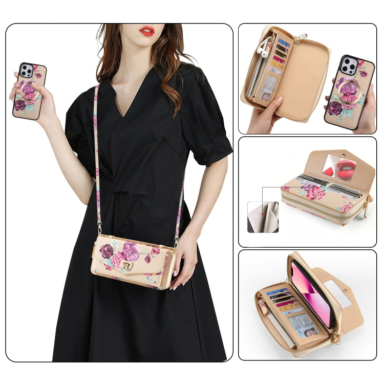 For iPhone 12 Pro Flower Multi-functional Crossbody Zipper Wallet MagSafe Leather Phone Case(Yellow) - iPhone 12 / 12 Pro Cases by buy2fix | Online Shopping UK | buy2fix