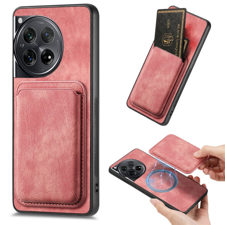 For OnePlus 12 5G Retro Leather Card Bag Magnetic Phone Case(Pink) - OnePlus Cases by buy2fix | Online Shopping UK | buy2fix