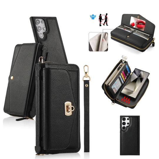 For Samsung Galaxy S24 Ultra 5G Crossbody Multi-functional Zipper Wallet Litchi Leather Phone Case(Black)