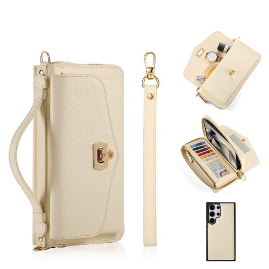 For Samsung Galaxy S24 Ultra 5G Crossbody Multi-functional Zipper Wallet Litchi Leather Phone Case(Beige) - Galaxy S24 Ultra 5G Cases by buy2fix | Online Shopping UK | buy2fix