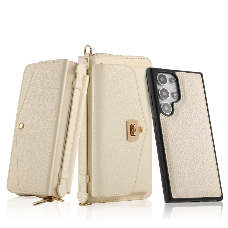 For Samsung Galaxy S24+ 5G Crossbody Multi-functional Zipper Wallet Litchi Leather Phone Case(Beige) - Galaxy S24+ 5G Cases by buy2fix | Online Shopping UK | buy2fix