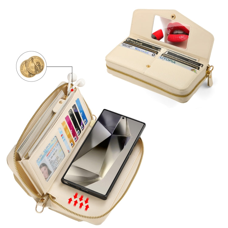 For Samsung Galaxy S24+ 5G Crossbody Multi-functional Zipper Wallet Litchi Leather Phone Case(Beige) - Galaxy S24+ 5G Cases by buy2fix | Online Shopping UK | buy2fix