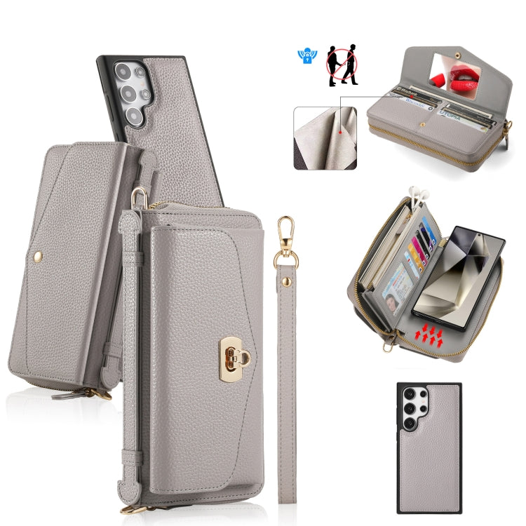 For Samsung Galaxy S24+ 5G Crossbody Multi-functional Zipper Wallet Litchi Leather Phone Case(Grey) - Galaxy S24+ 5G Cases by buy2fix | Online Shopping UK | buy2fix
