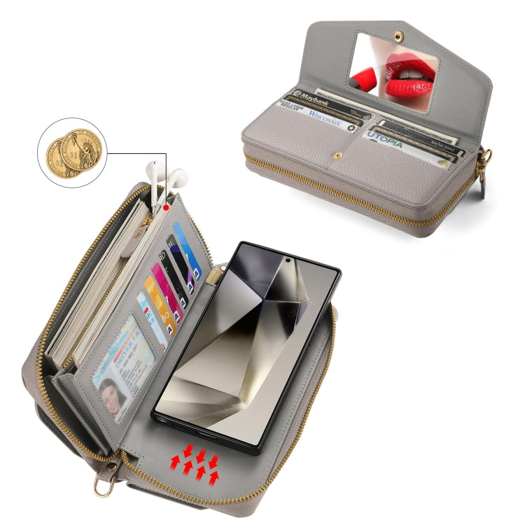 For Samsung Galaxy S24+ 5G Crossbody Multi-functional Zipper Wallet Litchi Leather Phone Case(Grey) - Galaxy S24+ 5G Cases by buy2fix | Online Shopping UK | buy2fix