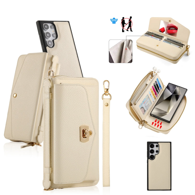 For Samsung Galaxy S24 5G Crossbody Multi-functional Zipper Wallet Litchi Leather Phone Case(Beige) - Galaxy S24 5G Cases by buy2fix | Online Shopping UK | buy2fix