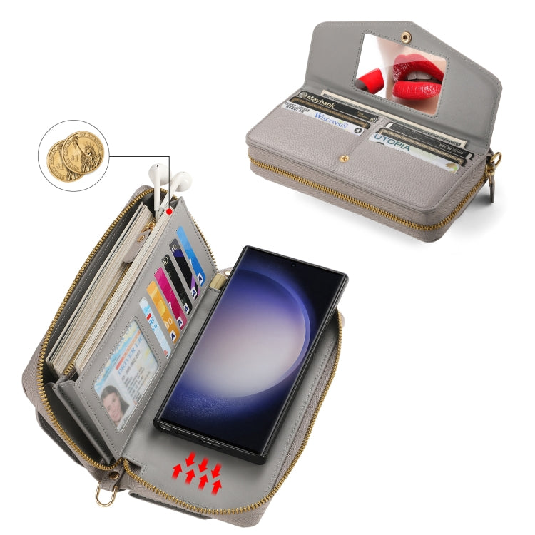 For Samsung Galaxy S23 Ultra 5G Crossbody Multi-functional Zipper Wallet Litchi Leather Phone Case(Grey) - Galaxy S23 Ultra 5G Cases by buy2fix | Online Shopping UK | buy2fix