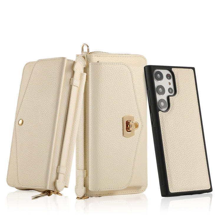 For Samsung Galaxy S23+ 5G Crossbody Multi-functional Zipper Wallet Litchi Leather Phone Case(Beige) - Galaxy S23+ 5G Cases by buy2fix | Online Shopping UK | buy2fix
